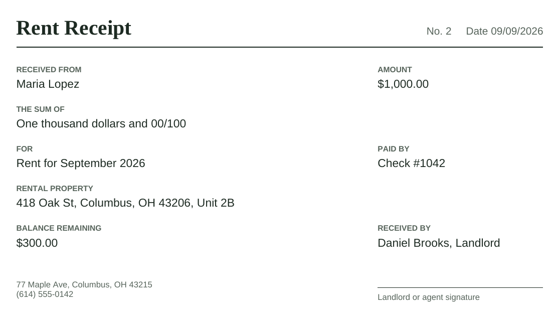 Example rent receipt No. 2 for $1,000 paid by check #1042 for September 2026 rent, balance remaining $300